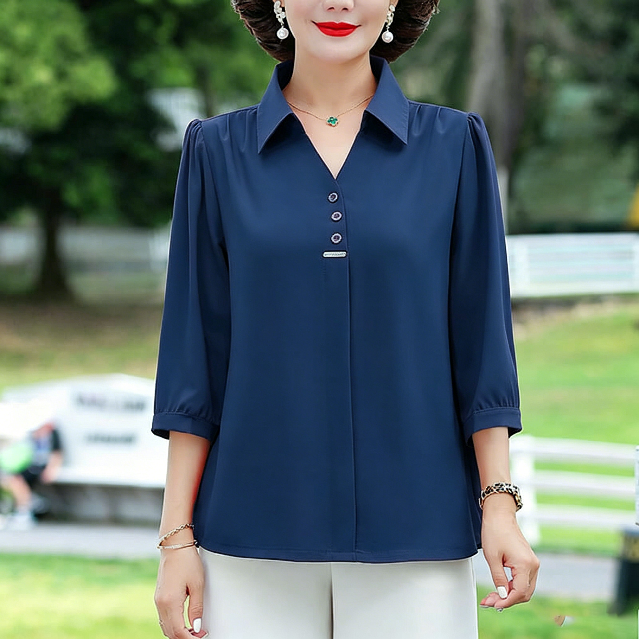 Women's 3/4 Sleeve Shirt Elegant Polo Collar Solid Color Blouse
