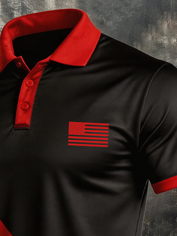 Men's Retro Patriotic Color-Block Short-Sleeve Polo Shirt