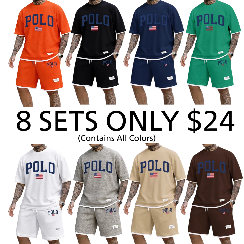 Men's Polo Print Drawstring Shorts Set