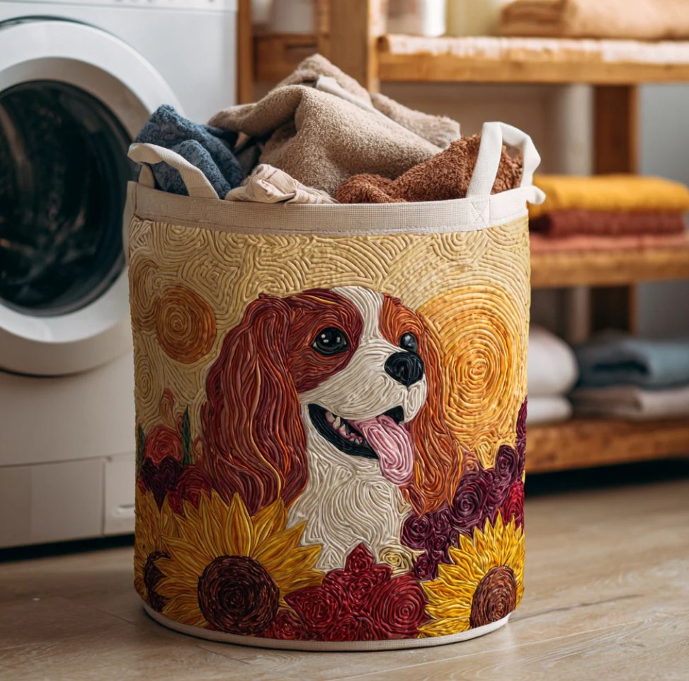 Vivid Cavalier King Charles Spaniel Pattern Quilted Laundry Basket Eco-Friendly Machine Washable Storage Organizer for Home Bathroom Bedroom | Dog