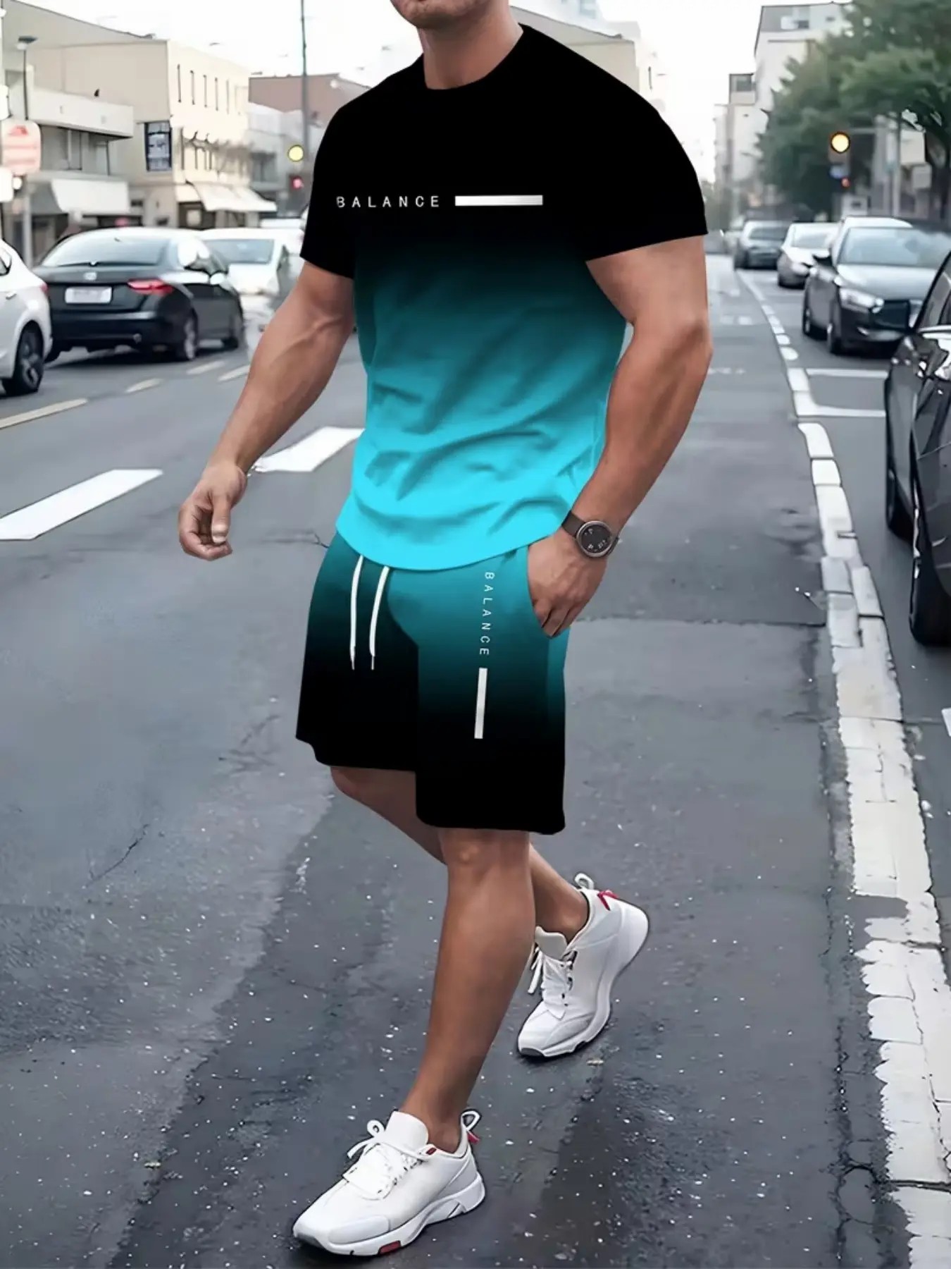 Men’s Gradient Activewear Set – Fitted Tee & Shorts 2-Piece