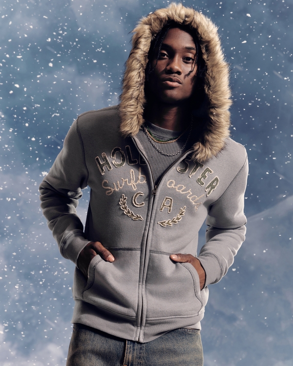 Faux Fur Trim Zip-Up Logo Graphic Hoodie