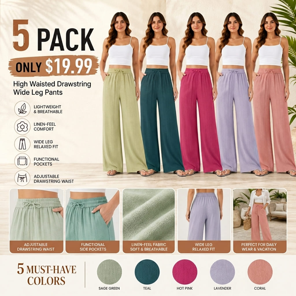 High Waisted Drawstring Wide Leg Casual Pants