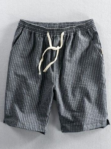Men's Striped Cotton Linen Drawstring Loose Shorts