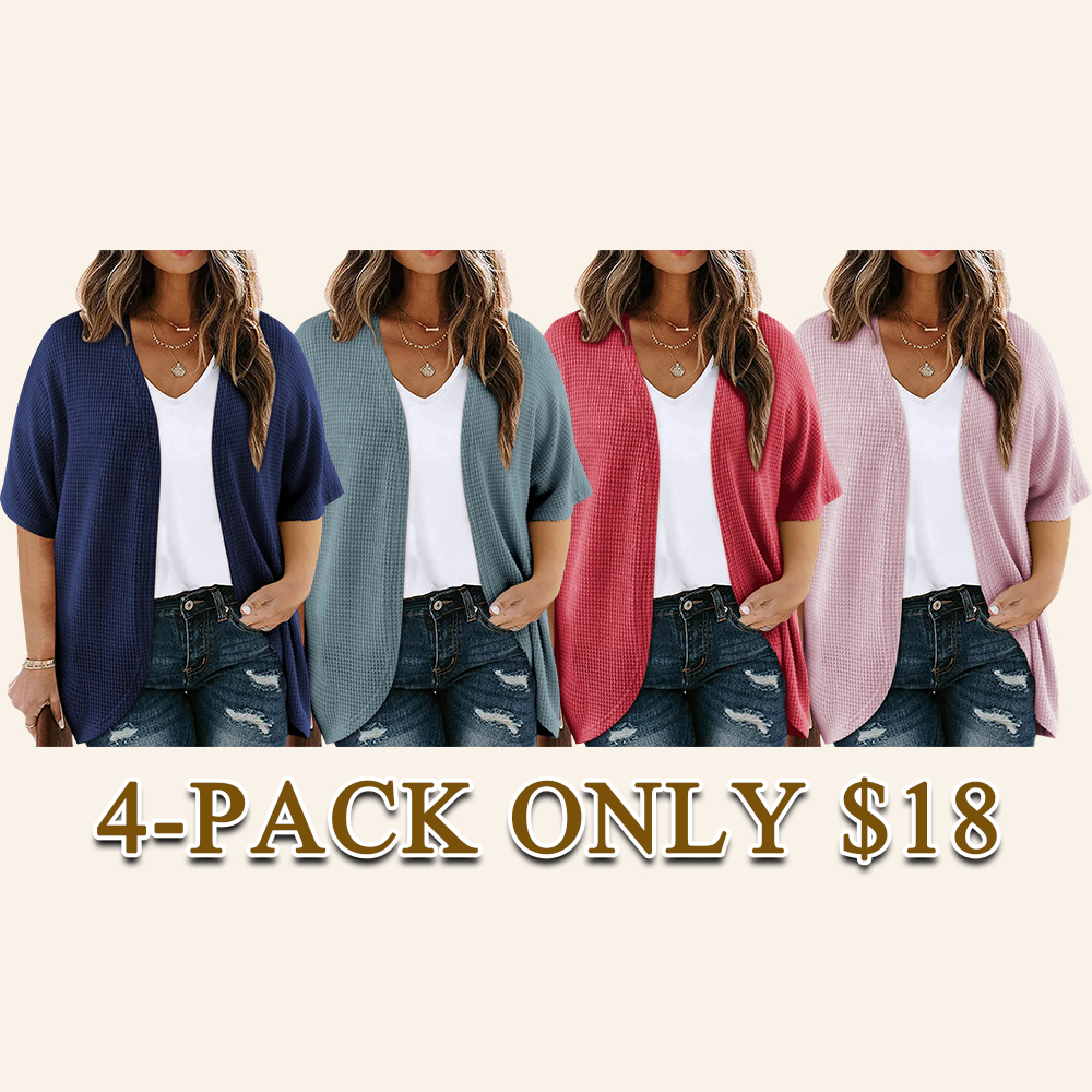 Women's Plus Size Cardigan Casual Short Sleeve Waffle Knit Kimono Open Front Tops(1X-5X)
