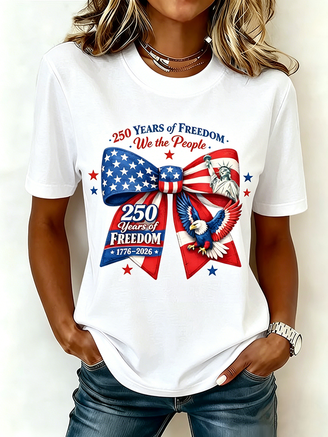 Ladies' Casual American 1776-2026 Anniversary Celebration Print Round Neck T-Shirt