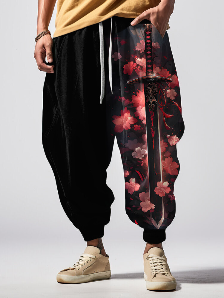 Men's Japanese Sword Cherry Blossom Print Loose Drawstring Waist Sweatpants