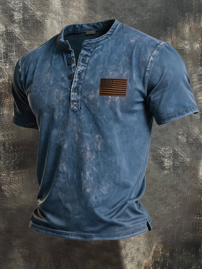 Men's Retro Patriotic Color-Block Short-Sleeve Henley T-Shirt