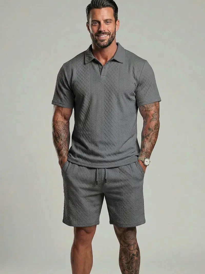 Men's Solid Polo Shirt & Drawstring Waist Shorts Set Cozy Breathable Two-piece Outfits for Daily Outdoor Wear Menswear Suits
