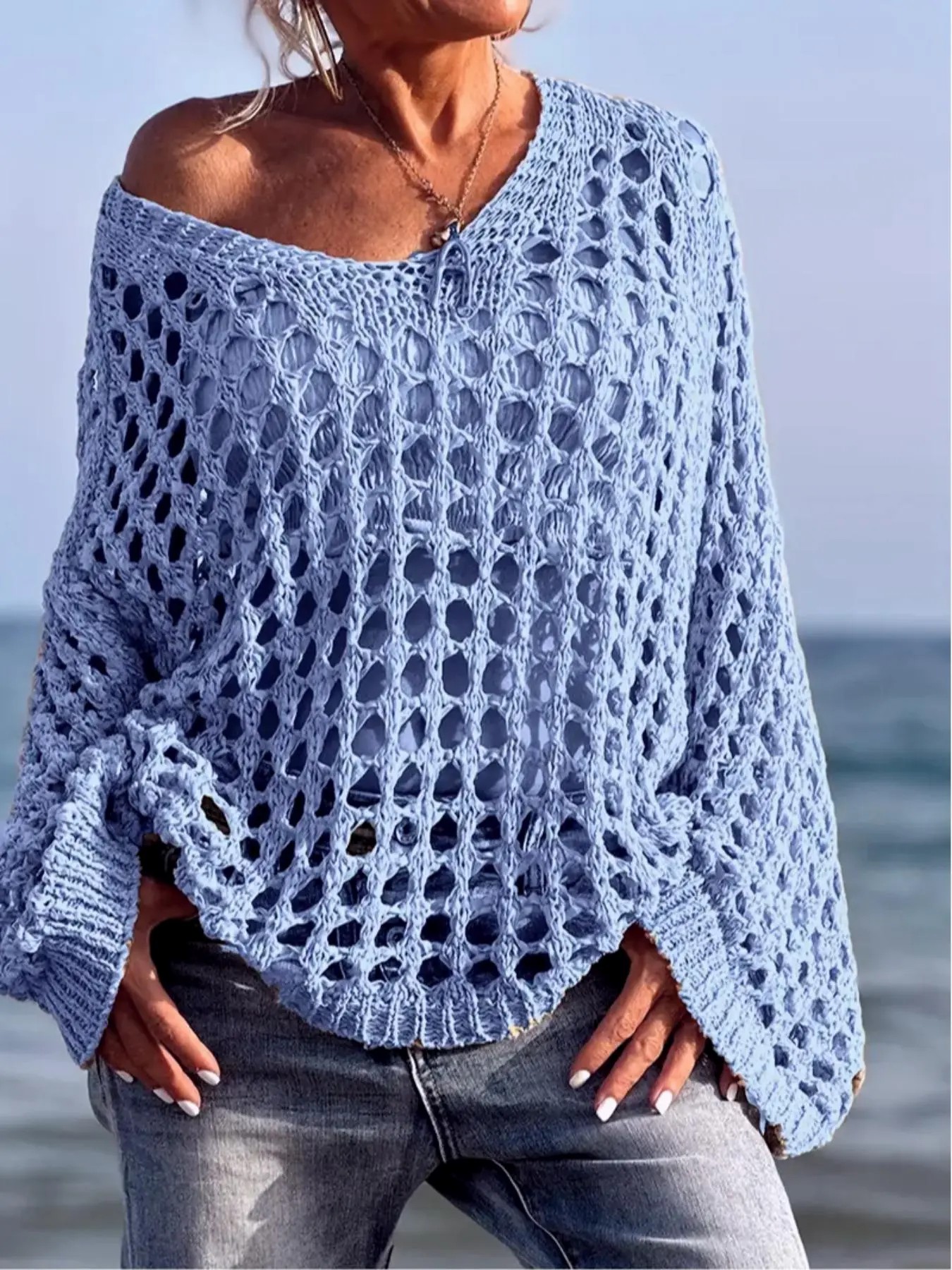 Women’s Casual Loose-Fit V-Neck Knit Top – Hollow Out Design, All-Season Wear