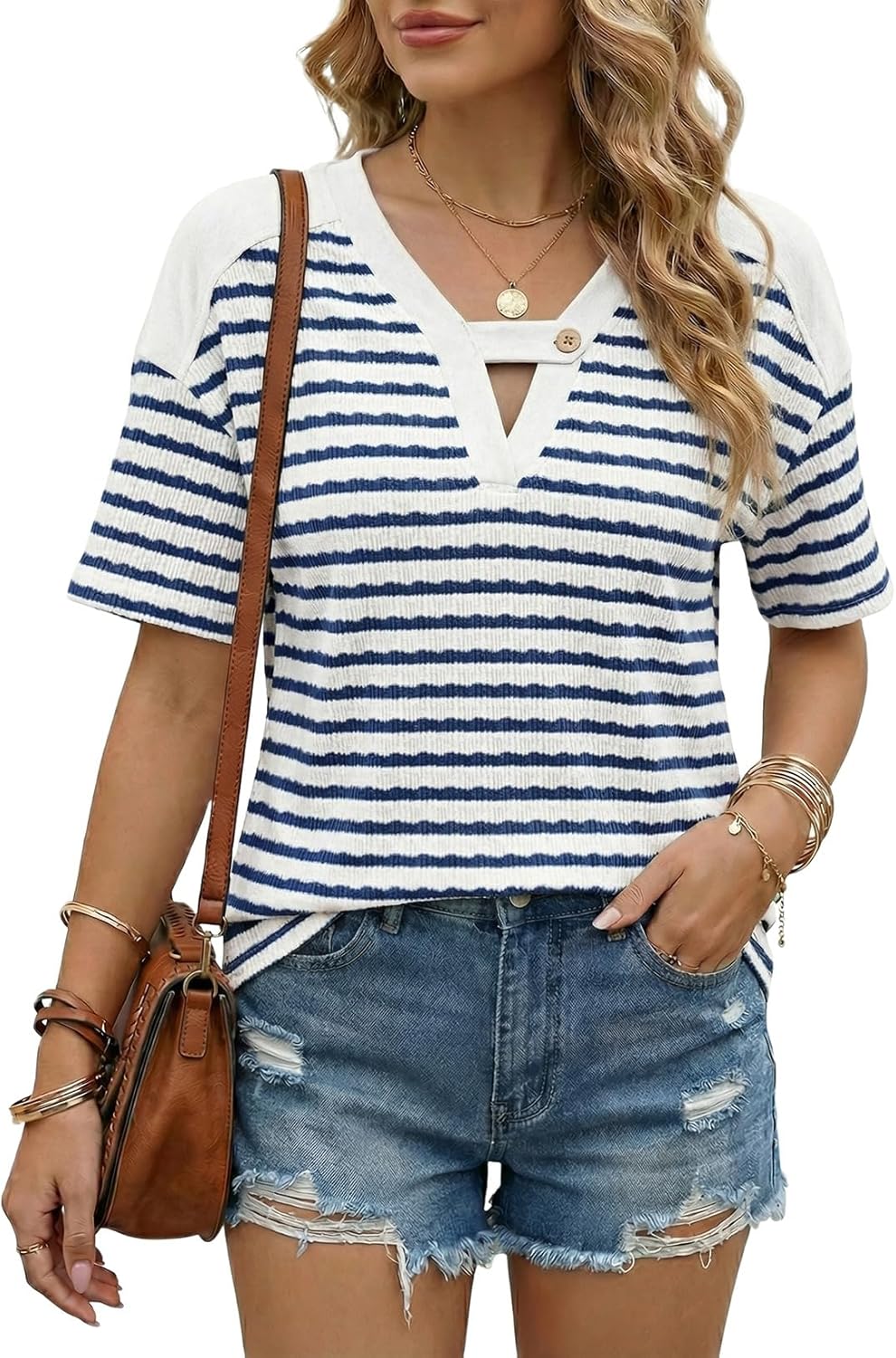 Women's Tops Summer Casual Short Sleeve Shirts V Neck Striped Color Block T-Shirts Blouses