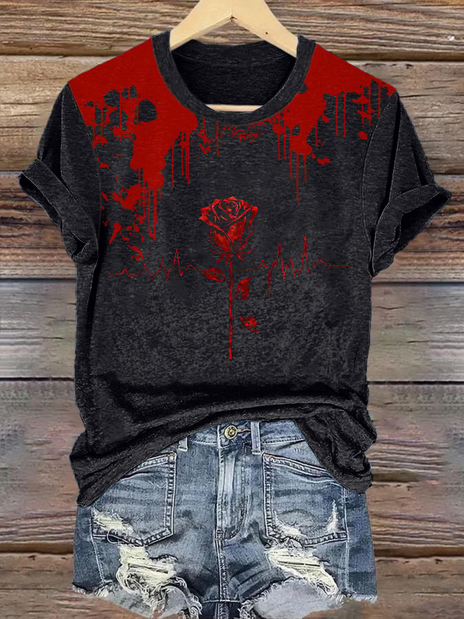 Women'S Heart-beating Bloody Rose Pattern Print T-Shirt