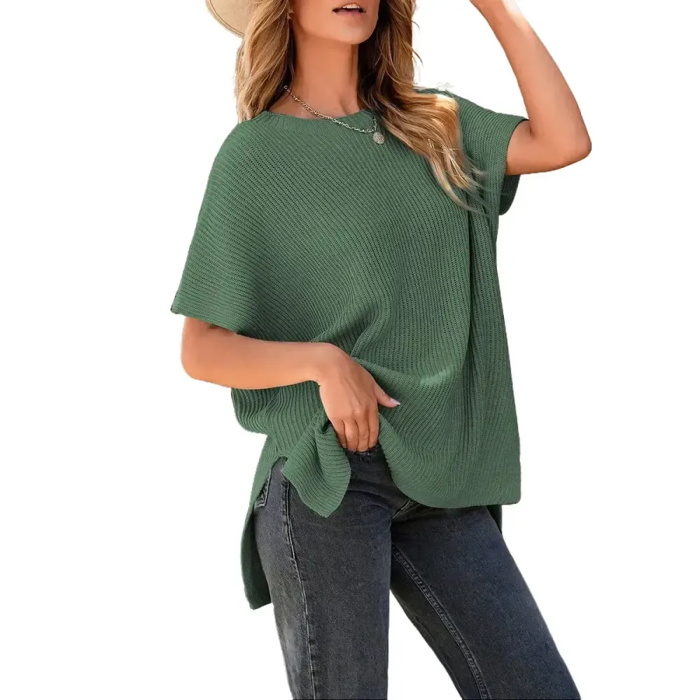 2026 Spring/Summer Oversized Cozy Ribbed Knit Top Women’s Crew Neck Short Sleeve Pullover Elegant Solid