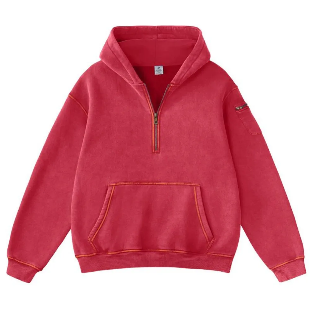 Unisex Vintage Acid Washed Half Zip Fleece Hoodie