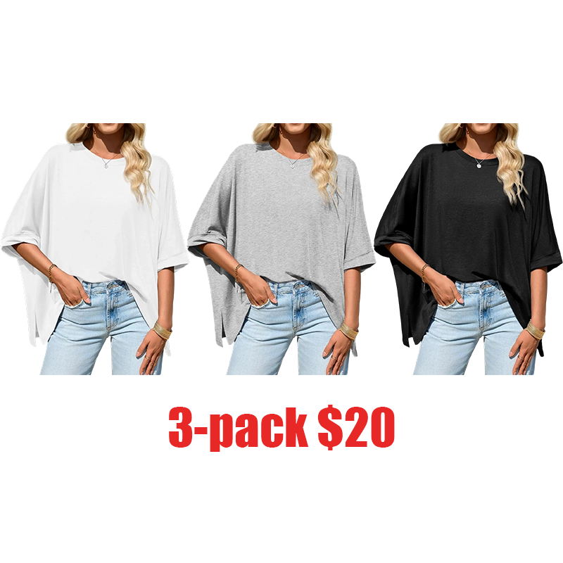 Women's Oversized Batwing Short Sleeve T-Shirt – Asymmetric Hem Loose Fit Casual Summer Tunic Tee
