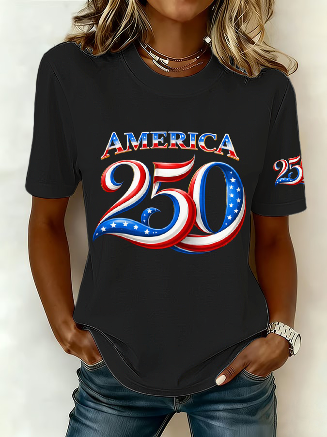 Ladies' Casual American Celebration Round Neck Short Sleeved T-Shirt