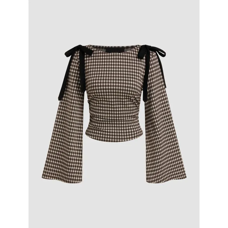 Gingham Bowknot Ruched Long Sleeve Top
