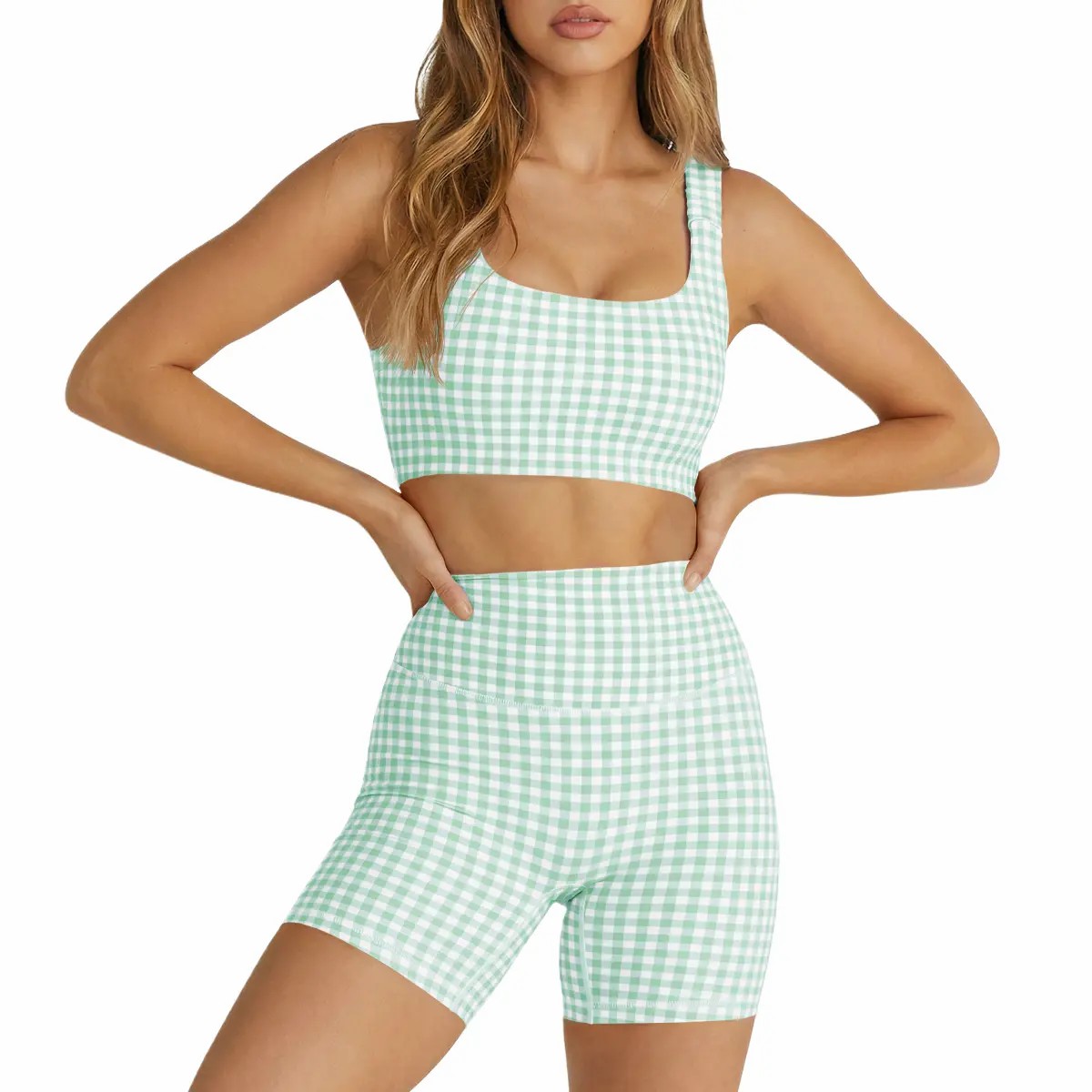 Women's 2-Piece Athleisure Set – Padded Open Back Gingham Crop Tank & High Waisted Seamless Shorts