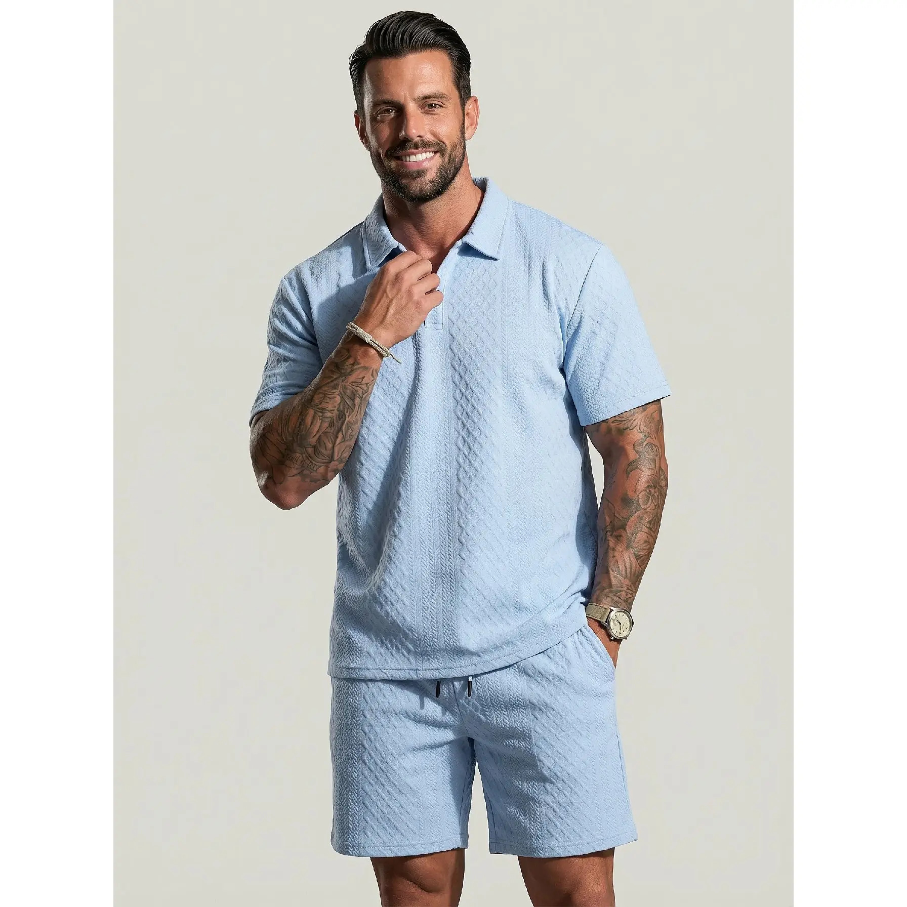 Men's Solid-Color Polo Shirt and Drawstring Shorts Set