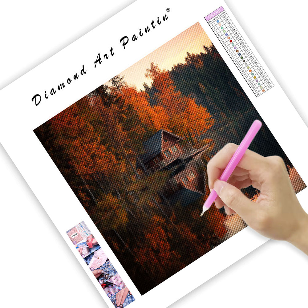 Cabin by the Autumn Lake - Diamond Painting