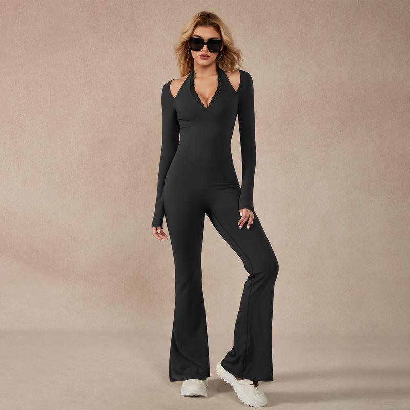 Women's Long-Sleeve Lace-Trim Halter Jumpsuit