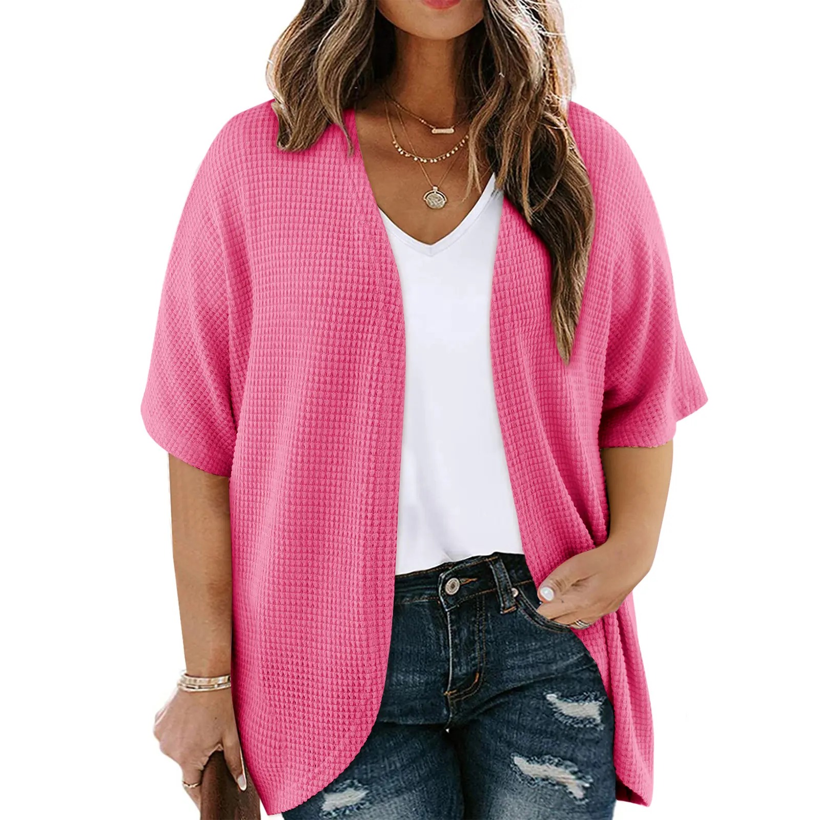 Women's Plus Size Cardigan Casual Short Sleeve Waffle Knit Kimono Open Front Tops(1X-5X)