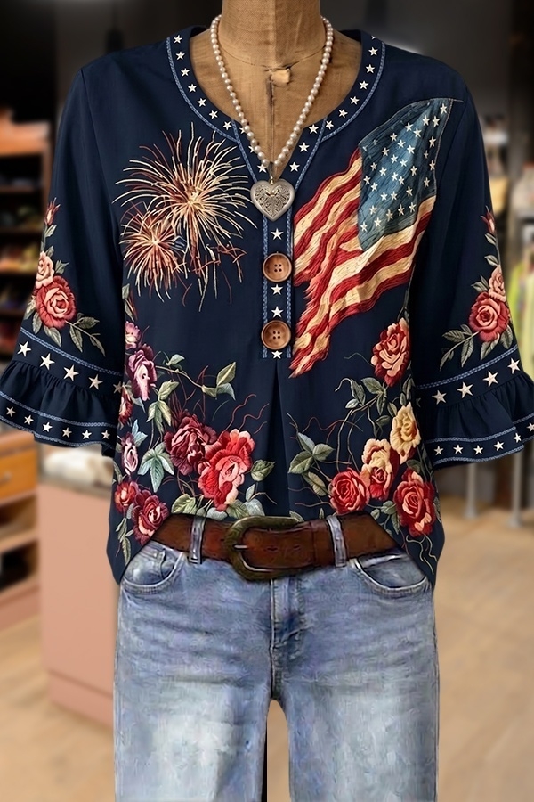 American Flag Floral Print Notch Neck Ruffle Sleeve Blouse