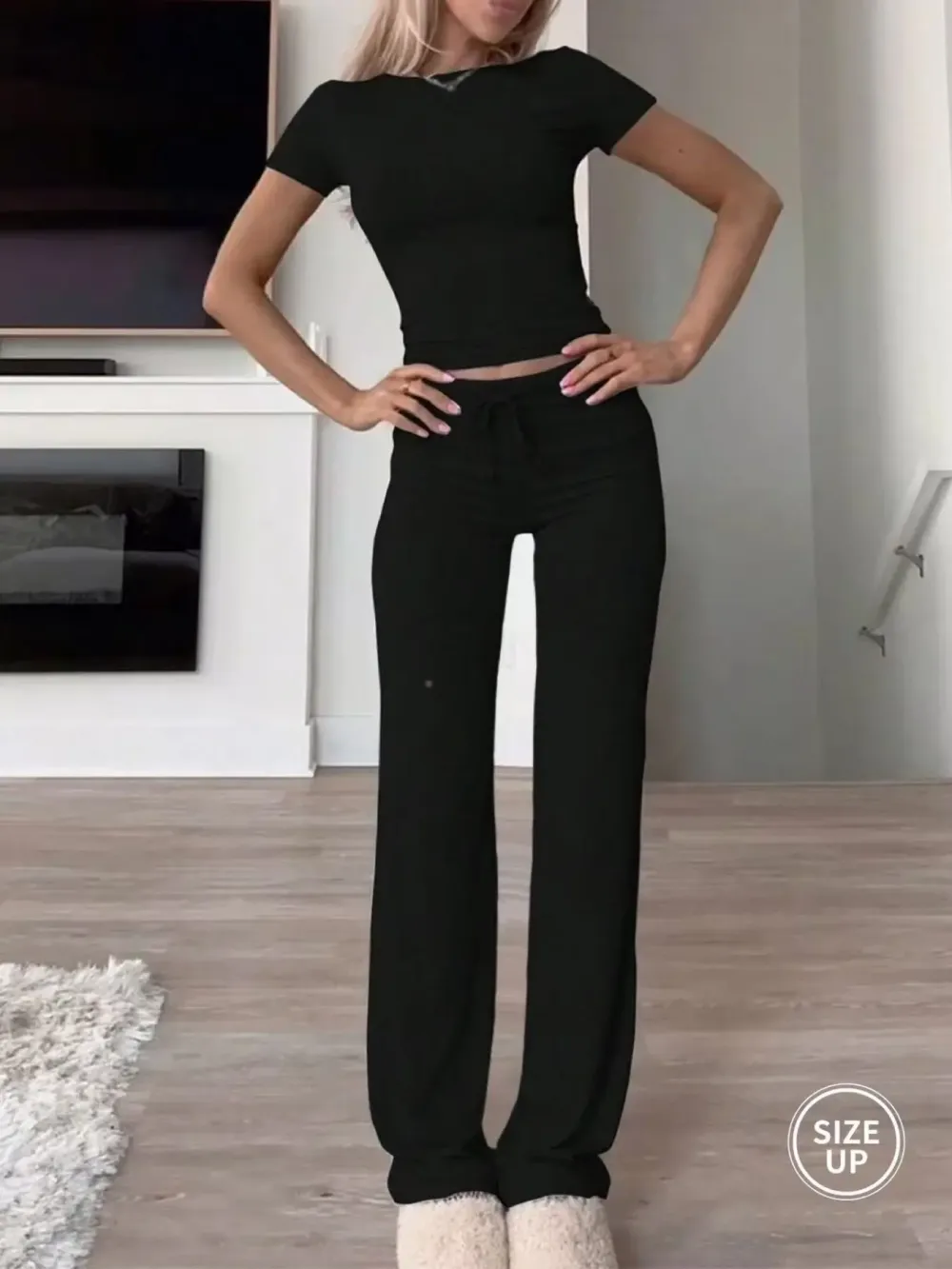 Women's solid color short-sleeved T-shirt and drawstring waist pants two-piece loungewear set