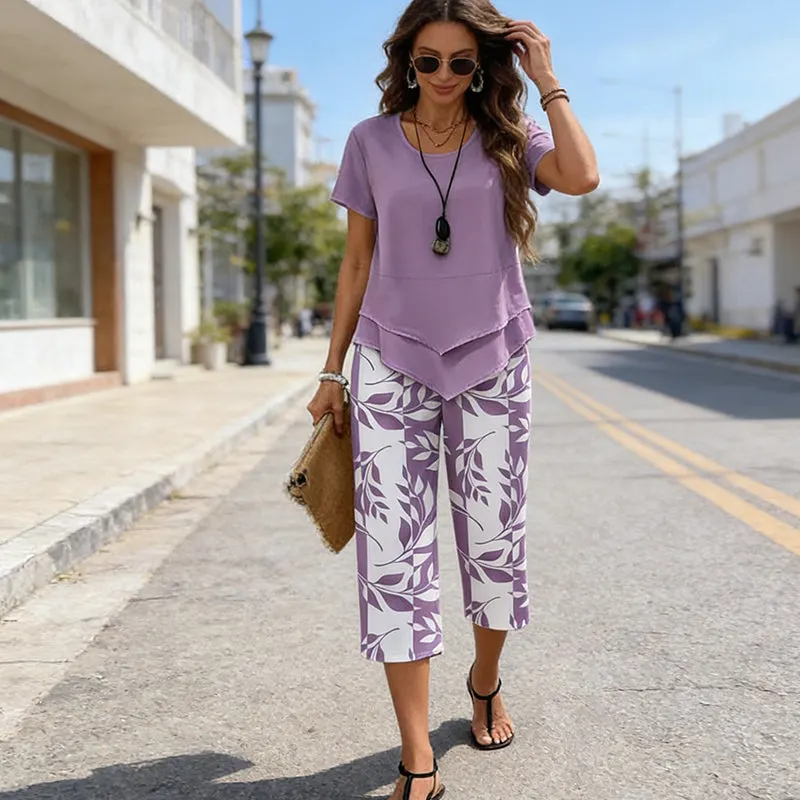 👗LIMITED-TIME 50% OFF! 🍃 Casual 2-Piece Set – Layered Tunic Top & Printed Wide-Leg Pants, Lightweight Polyester 🌸