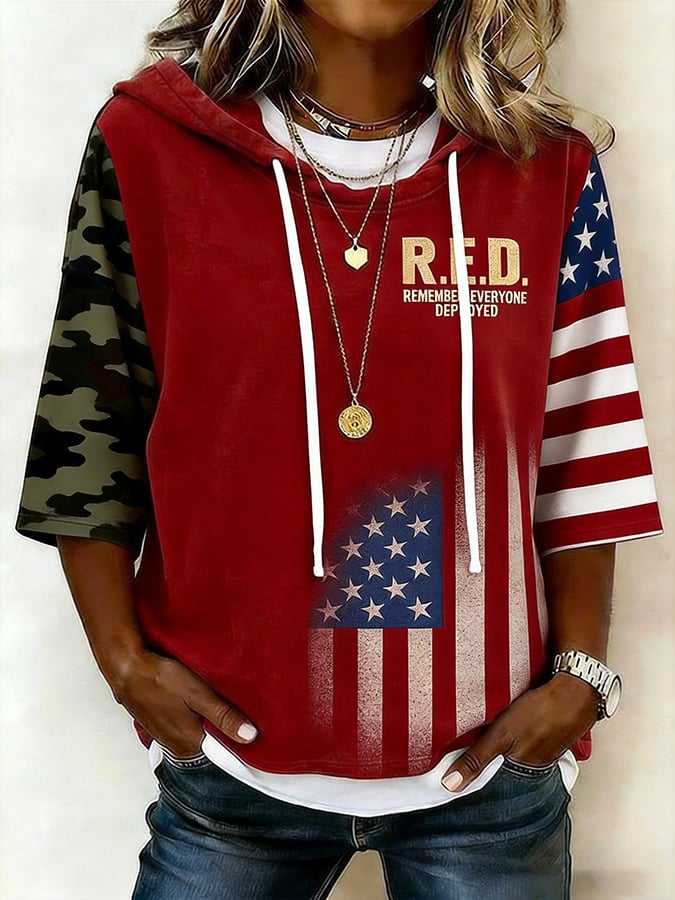 Women'S Red Friday Print Three-Quarter Sleeve Hooded T-Shirt With Patchwork Hem