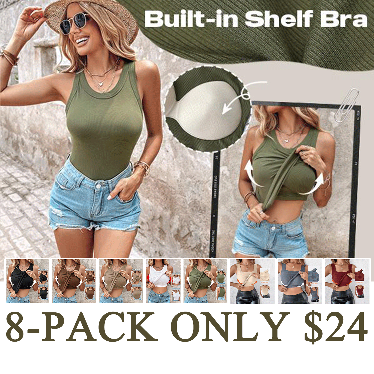 🔥Seamless Ribbed Built-In Bra Racerback Tank Top for Women