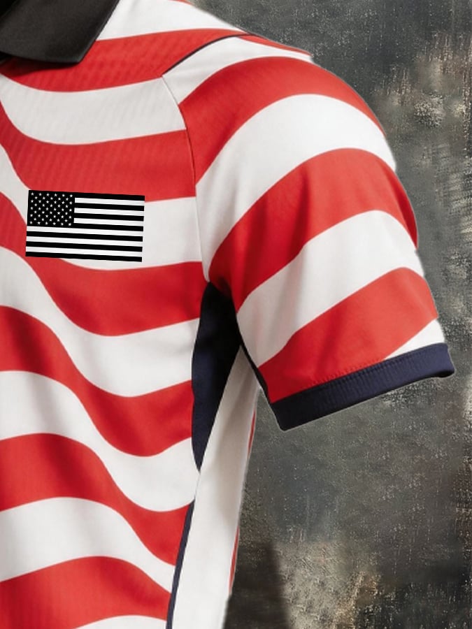 Men's Retro Patriotic Color-Block Short-Sleeve Polo Shirt