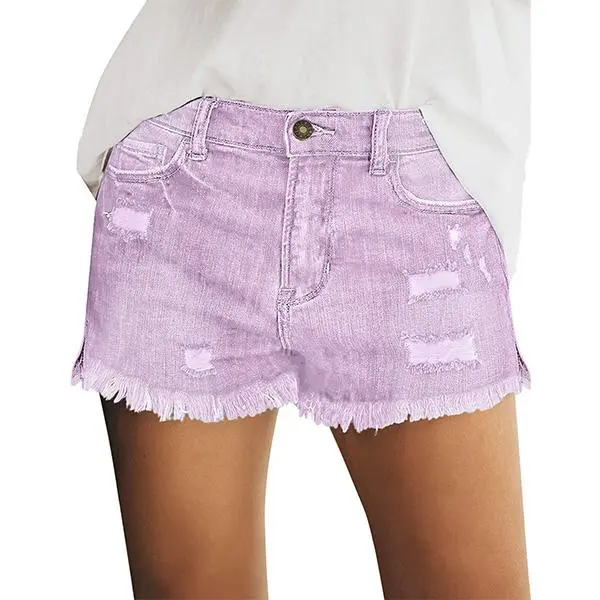 Women's Casual Mid Rise Denim Shorts Stretch Ripped Raw Hem Jean Shorts Basic Fitted Bottom for Summer