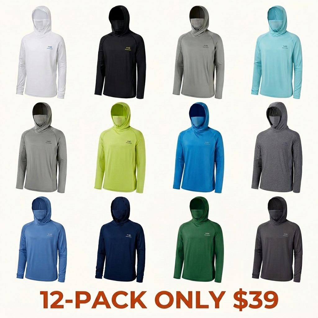 UPF 50+ Men’s Long Sleeve Fishing Shirt with Mask UV Neck Gaiter Hoodie