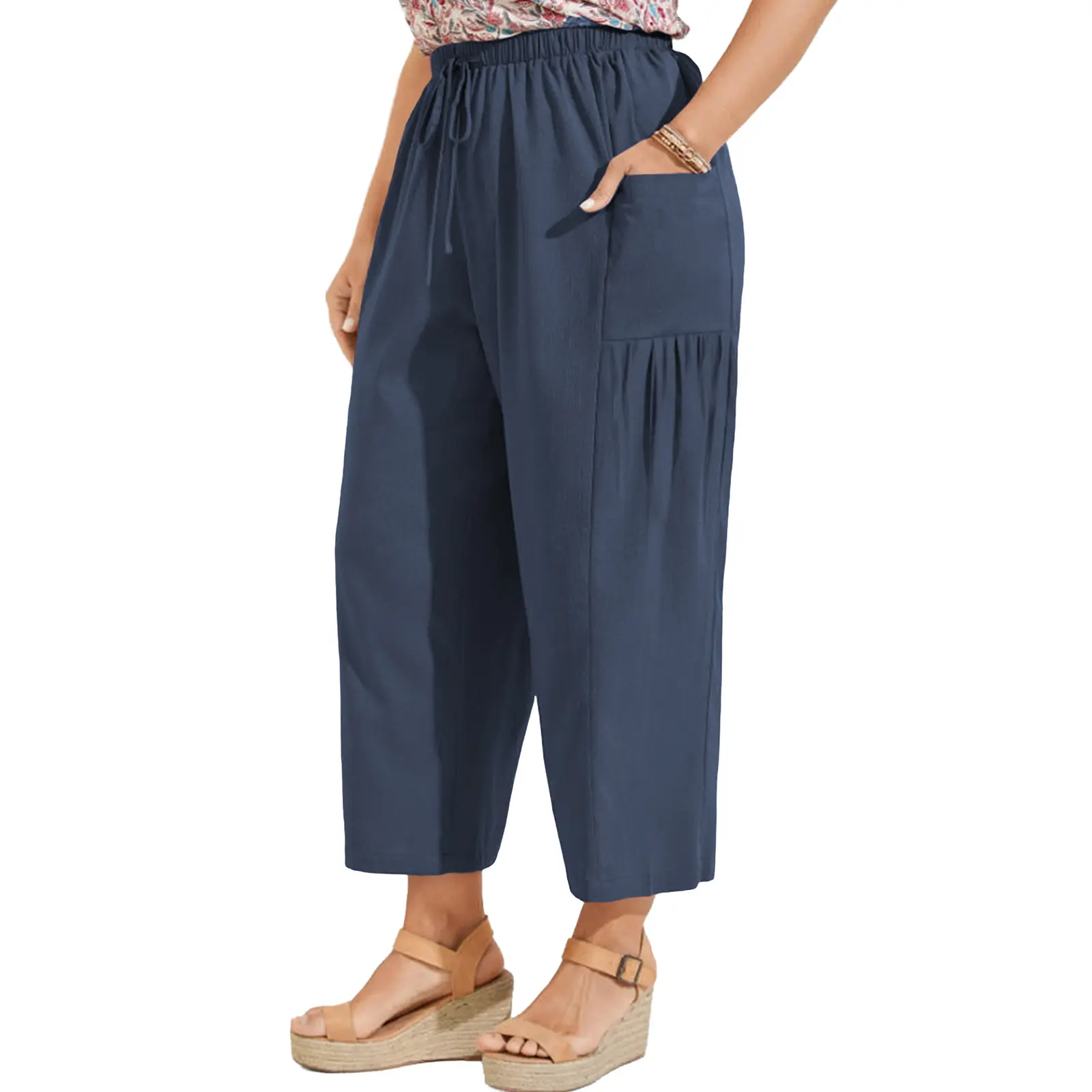 Women's Plus-Size Wide-Leg Pants — Pure Cotton Loungewear with Pockets