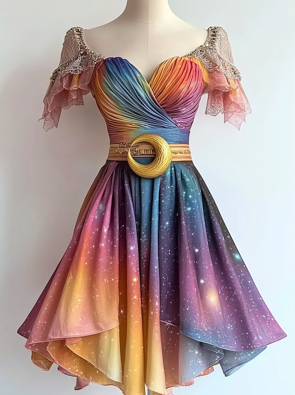 Vacation Handmade Color-Blocking Rainbow Irregular Dress 1d24