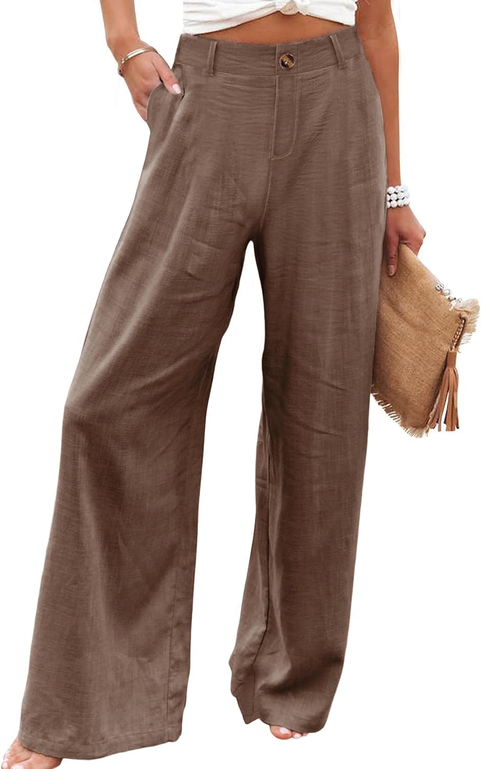 Womens Cotton Linen Pants Casual Button Up High Waisted Wide Leg Trousers