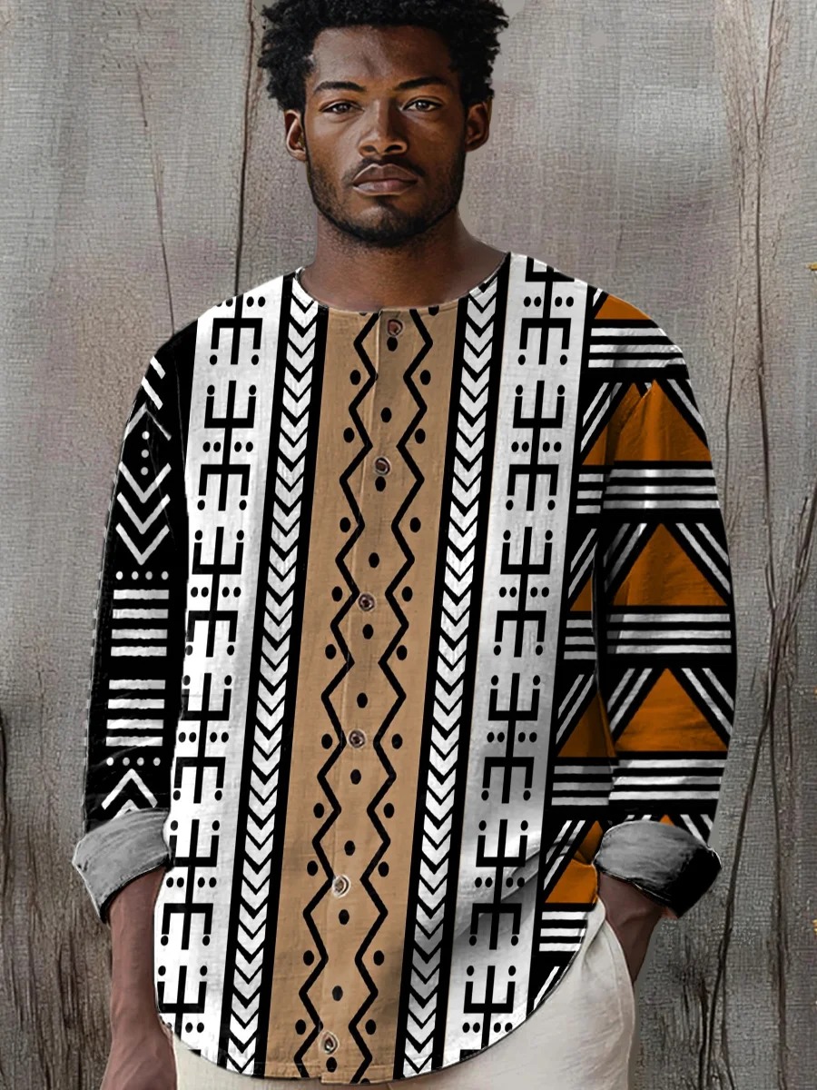 Africa Tribal Stripes Art Print Casual 100% Cotton Shirt