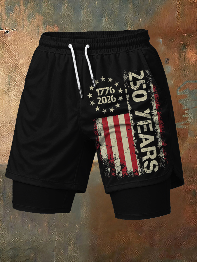 Men'S Independence Day Founding Celebration Printed Pattern Slim Fit Double Layer Sports Elastic Belt Quick Drying Breathable Shorts