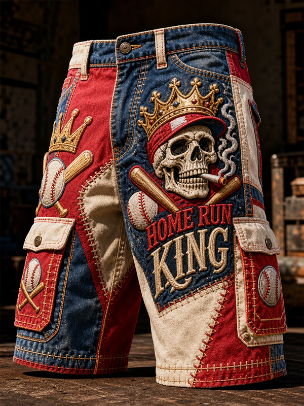 Men's Patchwork Crown Skull Baseball Art Print Casual Shorts