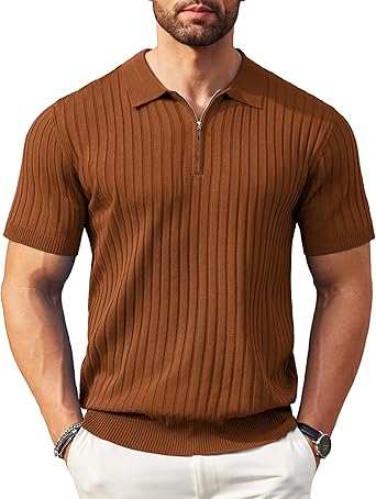 Men's Zipper Polo Shirts Short Sleeve Ribbed Knit Polo T Shirts