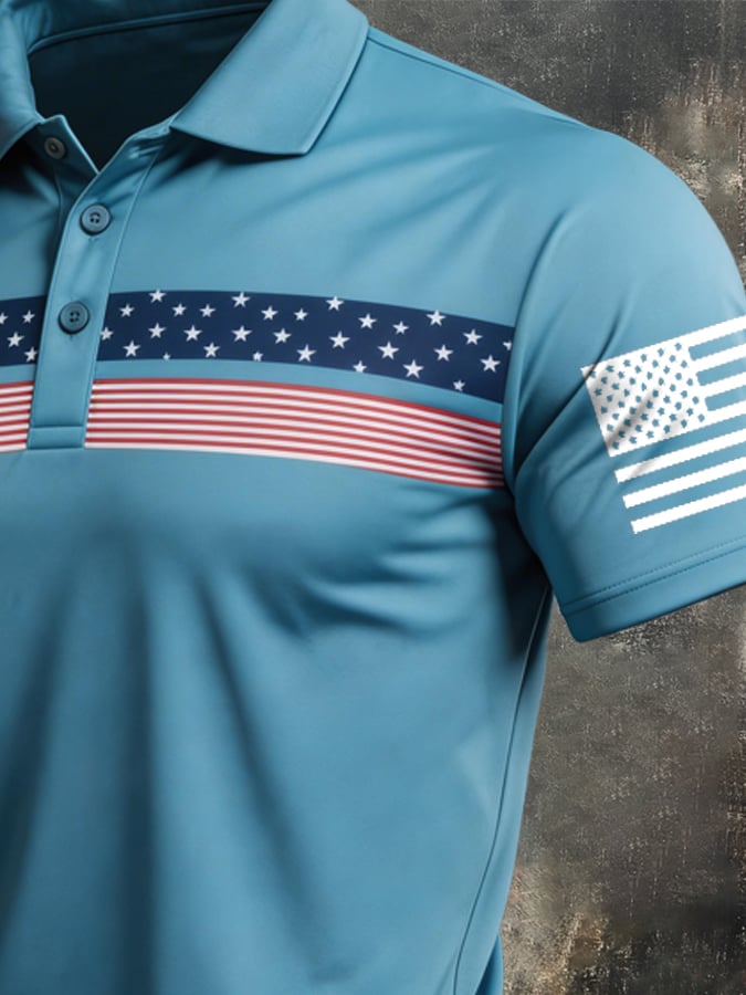 Men's Retro Patriot Color Block Polo Collar Short Sleeve