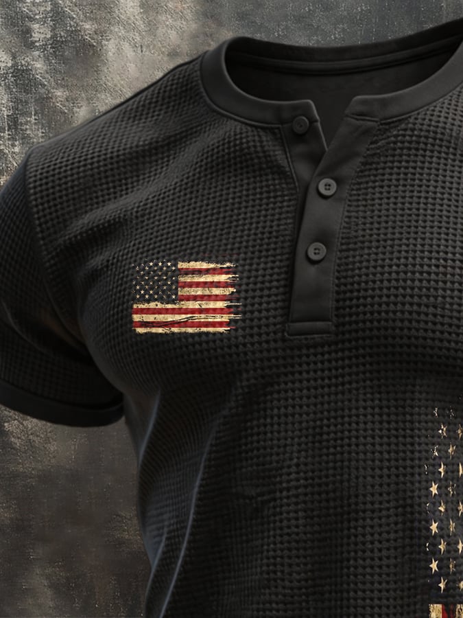 Men's Vintage Patriotic Waffle-Knit Henley T-Shirt