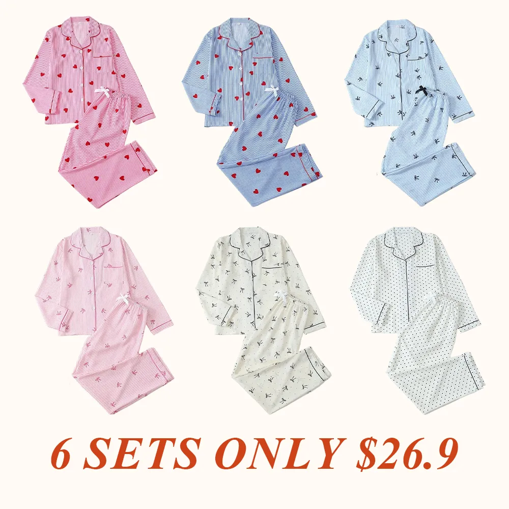 Women's Striped Bow Print Long Sleeve Pajama Set