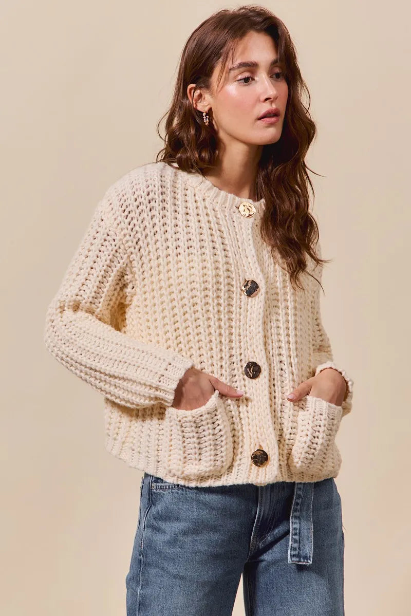 Metal Button Long Sleeve Chunky Sweater Cardigan
