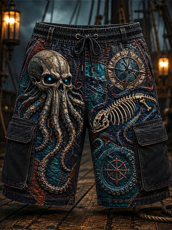 Men's Mysterious Cthulhu Sea Monster Art Print Drawstring Waist Casual Shorts
