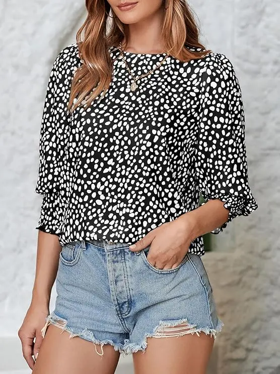Women's Polka Dot 3/4 Sleeve Blouse Tops Ladies Casual Office Work Crew Neck T-Shirt