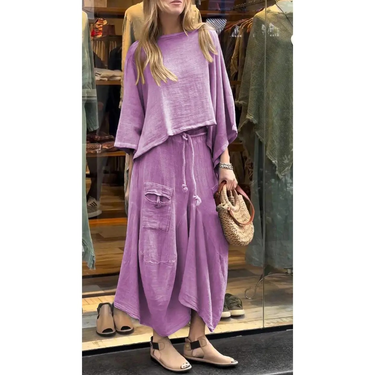 Women’s 2-Piece Loose Vintage-Style Batwing Sleeve Skirt Set