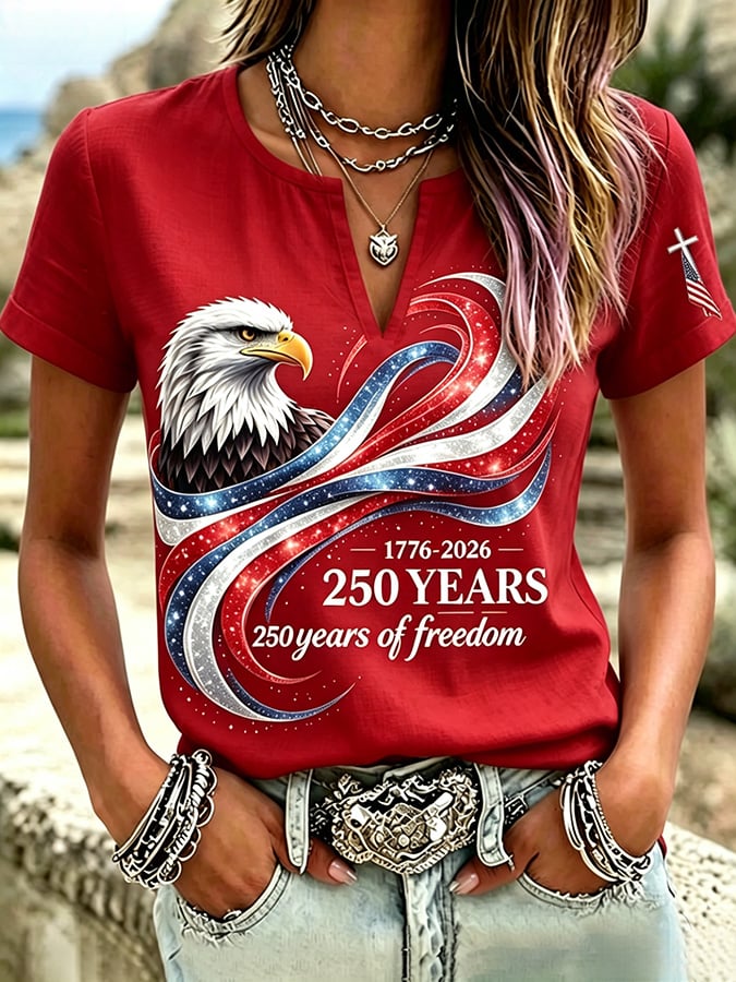 Women's Casual Short-Sleeve T-Shirt with USA 250th Anniversary Print