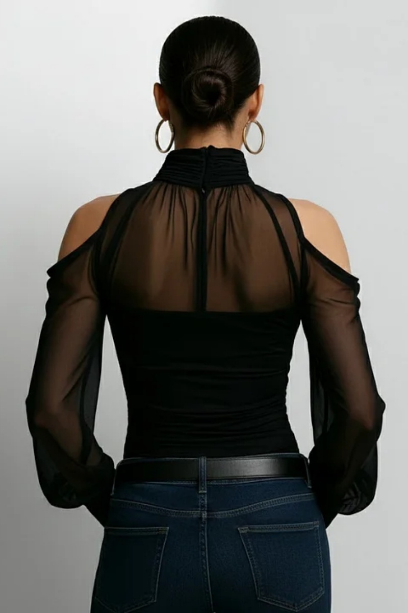 Women's Black Patchwork Mesh High Neck Cold Shoulder Long Sleeve Blouse